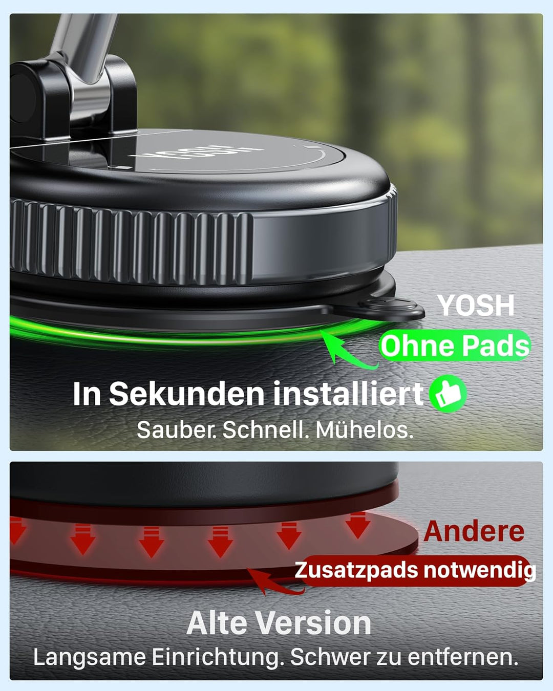 YOSH für MagSafe Autohalterung mit Ladefunktion, [300N Vakuum-Saugnapf & 22×N55 Magnete], 15W Schnel