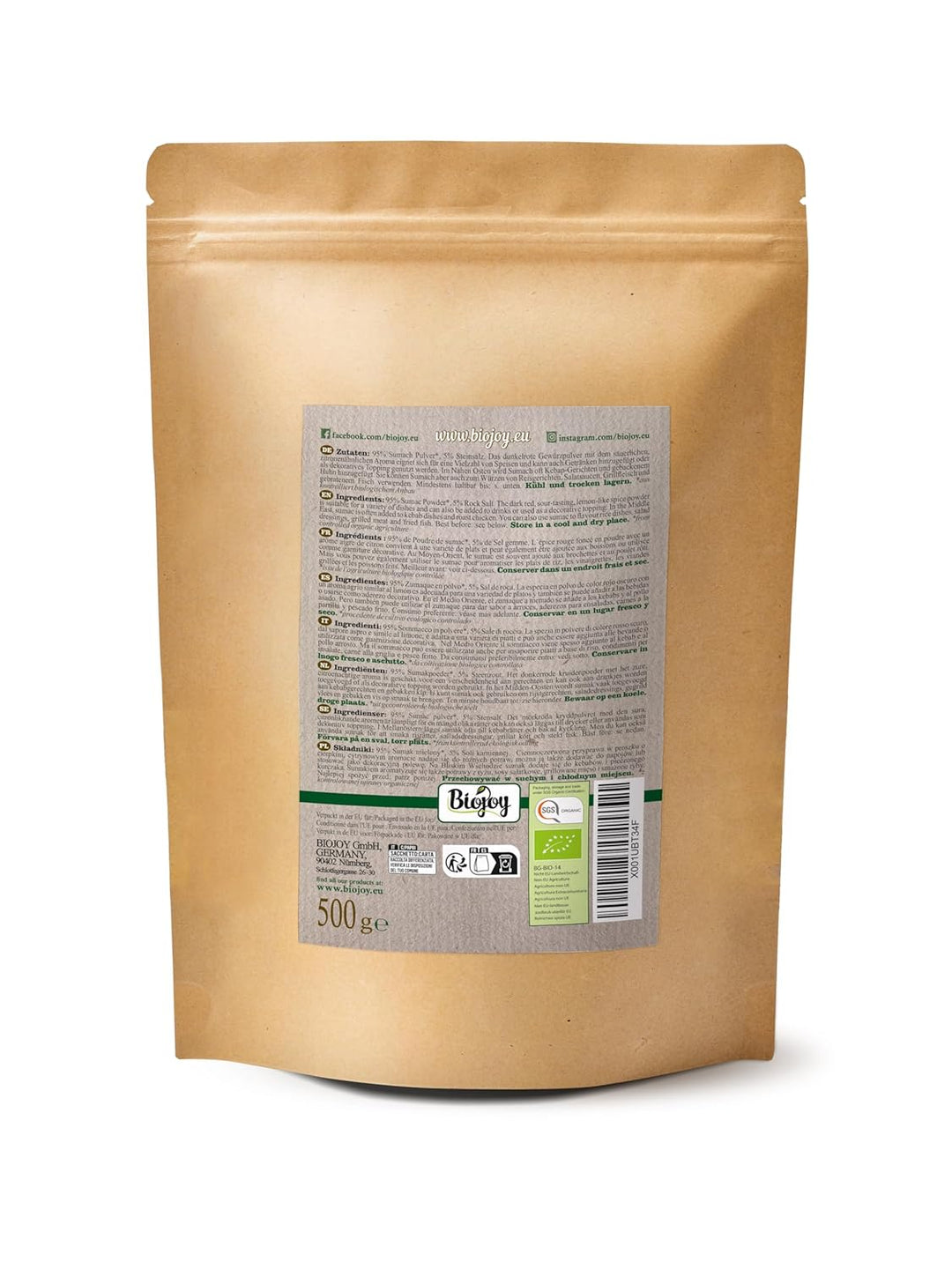 Biojoy BIO-Sumach Gewürz (500 g), türkisch, Sumach fein gemahlen, 5% Steinsalz, 500 g