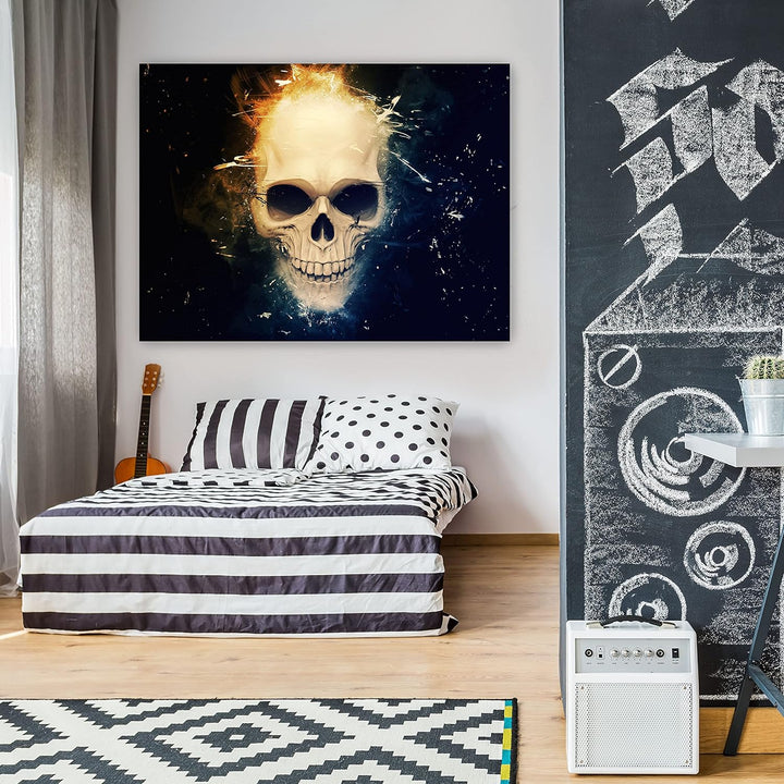 wandmotiv24 Totenkopf Wandbild aus Acrylglas, Grösse 80x60cm, Querformat, Schädel Blau Orange, Rauch