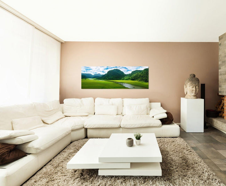 Paul Sinus Art Panoramabild auf Leinwand und Keilrahmen 120x40cm Vietnam Reisfeld Berge Fluss Boote