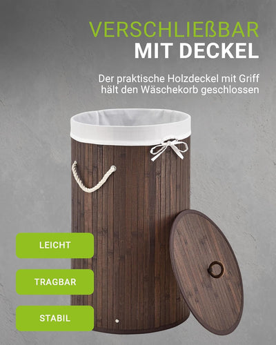 Juskys Bambus Wäschekorb Curly-Round Braun 55L - Hygienischer & Faltbarer Wäschekorb mit Deckel, Tra
