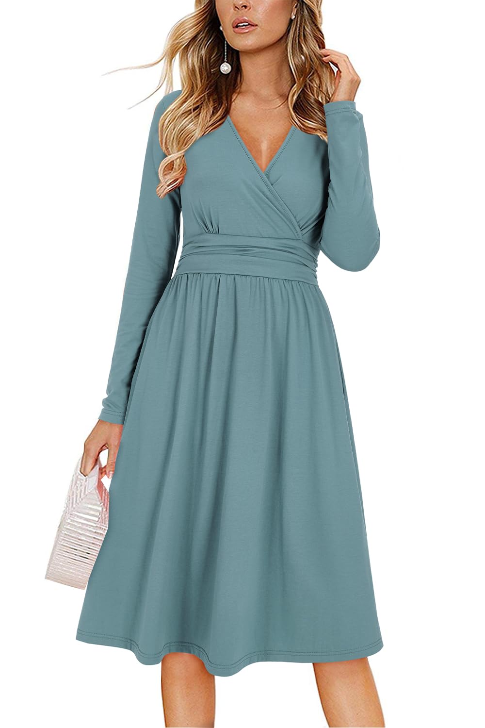 OUGES Sommerkleid Damen Kurzarm V-Ausschnitt Knielang Blumenmuster Midi Kleid mit Taschen S Blau-01,