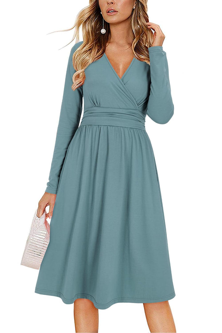 OUGES Sommerkleid Damen Kurzarm V-Ausschnitt Knielang Blumenmuster Midi Kleid mit Taschen S Blau-01,