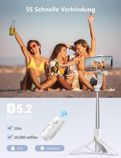 Selfie Stick mit Bluetooth Fernbedienung, Erweiterbarer Extra Lang Reisen Stativ für Smartphone, 360