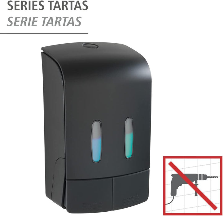 WENKO 2-Kammer Desinfektionsmittel- und Seifenspender Tartas Schwarz, hygienischer Wand-Spender für