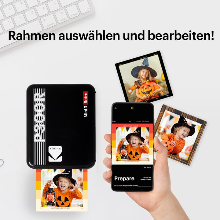 KODAK Mini 3 Retro 4PASS Mobiler Fotodrucker (7,6x7,6cm) - Schwarz s Schwarz, s Schwarz