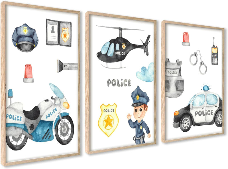 ag.art deco Kinder Poster Set Polizei | 3 Stück 40x50cm MIT RAHMEN HOLZ | Hubschrauber Polizeiauto P