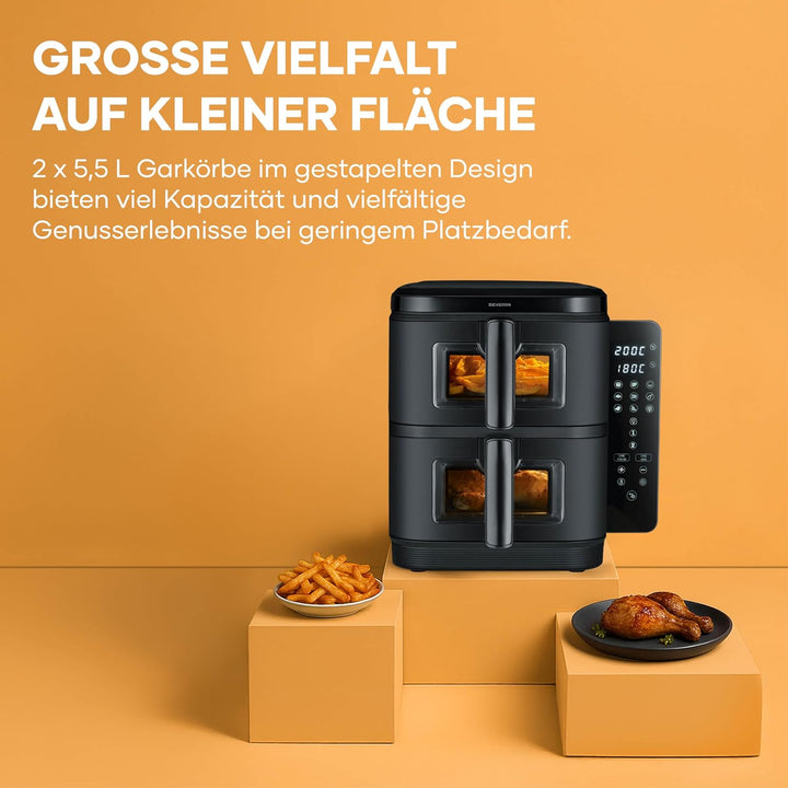Severin Duo Stack Heissluftfritteuse, 2 x 5,5 L Garraum, 2 Kammern, gesundes Kochen, 9 Automatik-Pro