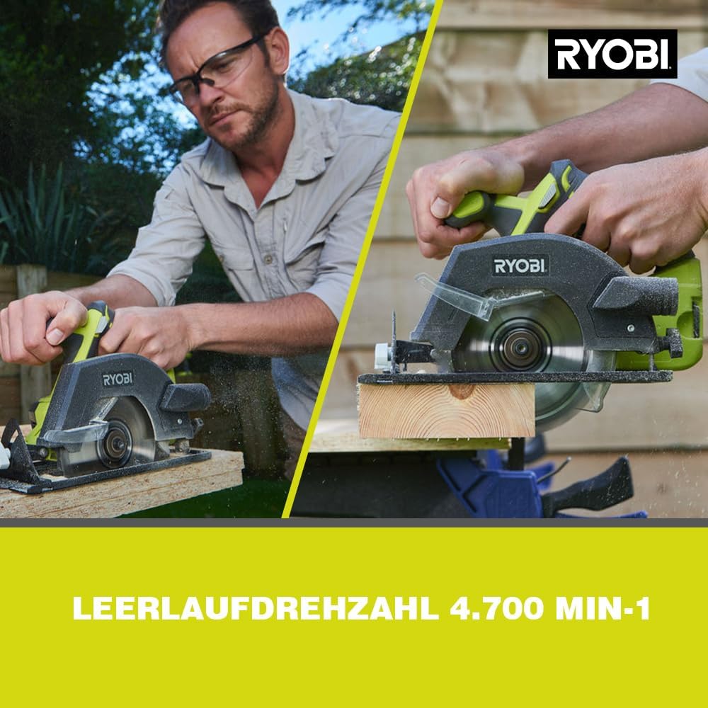 RYOBI 18 V ONE+ Akku-Handkreissäge R18CSP-140GZL (Sägeblatt-Ø 150 mm, Schnitttiefe 90°/45° 45/32 mm,
