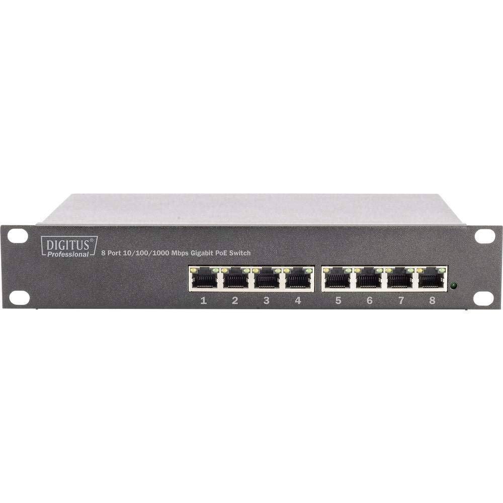 DIGITUS Gigabit Ethernet PoE+ Switch - 10 Zoll - 8 Ports - Unmanaged - IEEE 802.3at - 96 Watt Powerb
