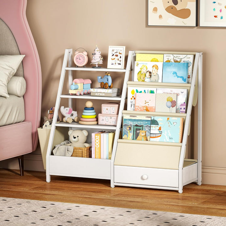 Quikraen Bücherregal Kinder, Kinderregal mit 4 Ablage und 3 Offenen Fächern, Montessori Bücherregal,