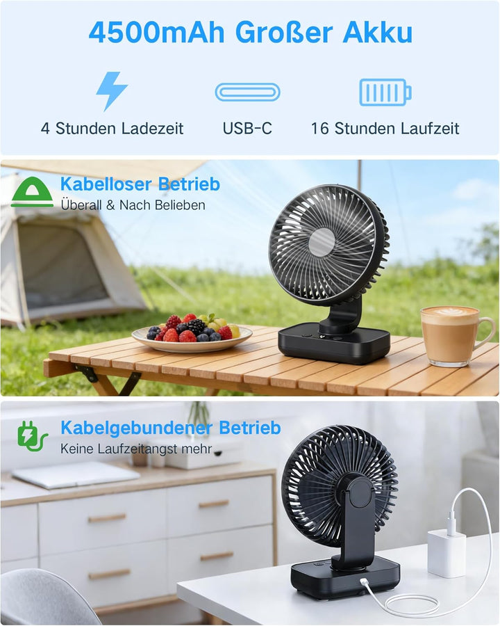 Tischventilator Automatisch Oszillierend, Leise 30 dB, Sanfter Luftstrom, 4500mAh Akku, USB-C, LED D