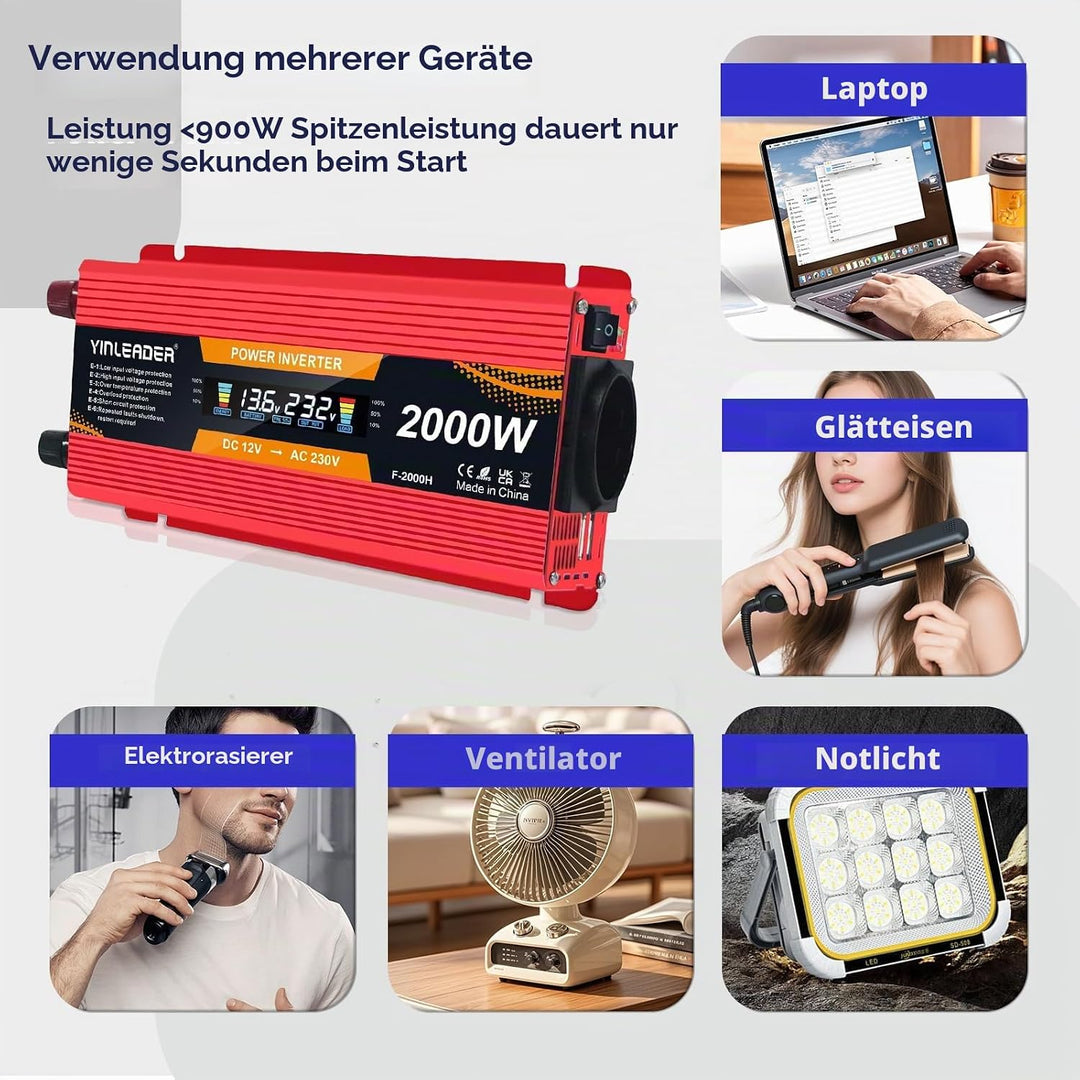Yinleader Wechselrichter 12V 230V 1000W /2000W Spannungswandler LCD mit 1 Steckdose 2 USB Anschlüsse