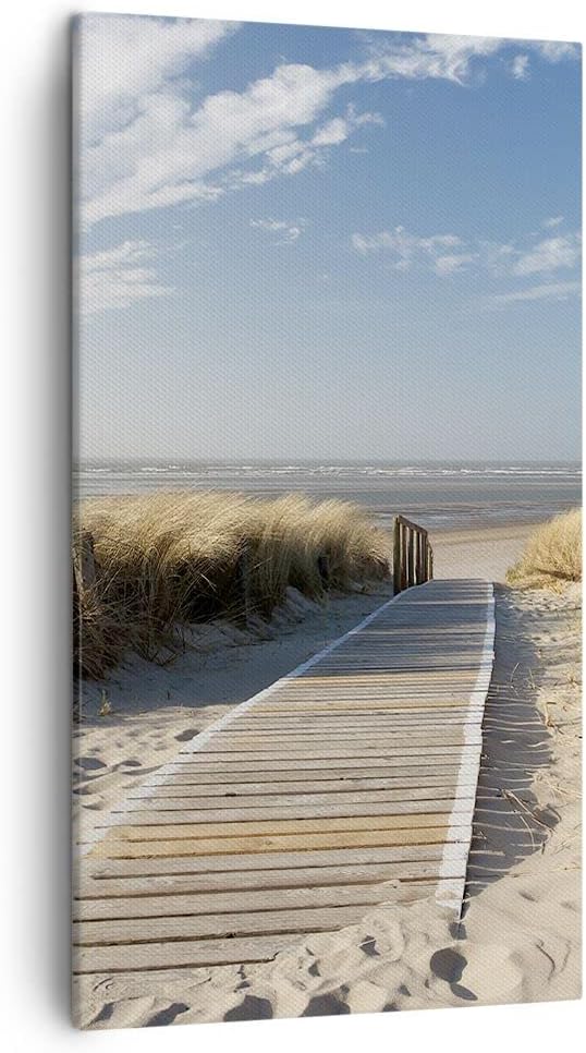 Bilder auf Leinwand Strand Meer Fussgängerbrücke Ufer Leinwandbild mit Rahmen 45x80cm Wandbilder Dek