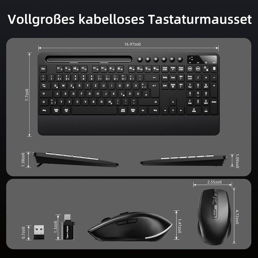 Hamile Tastatur Maus Set kabellos Beleuchtete mit Telefonhalter, 2,4 GHz USB-A/C wiederaufladbar Tas