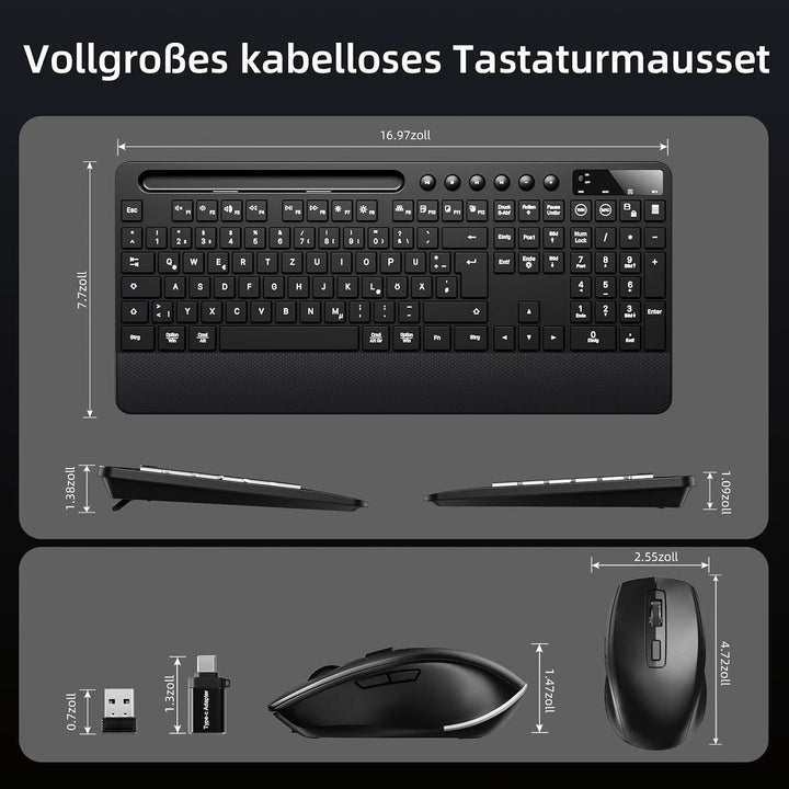 Hamile Tastatur Maus Set kabellos Beleuchtete mit Telefonhalter, 2,4 GHz USB-A/C wiederaufladbar Tas