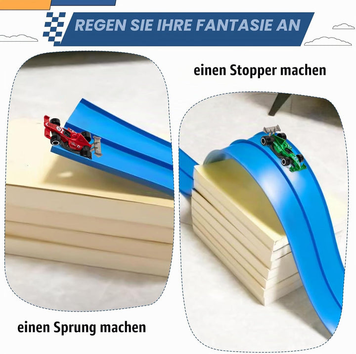 GROBRO7 Flexible Autorennbahn Kinder Spielzeugauto, 5M Dual Rennstrecke Rampen mit 4 Race Car, Rolls