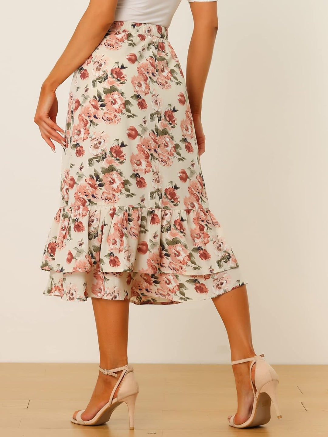 Allegra K Bedruckter Damenrock, Chiffon, elastische Taille, Rüschen, gestuft, fliessend, Midi-Röcke