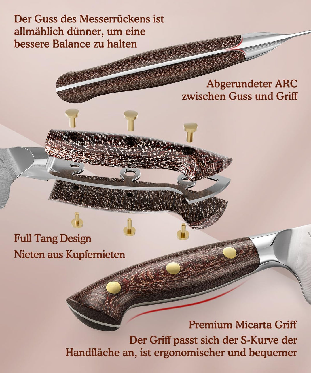 HEZHEN Santokumesser im Japanischen Stil，Echter Damaststahl Kochmesser mit Holzmesserscheide, Chines