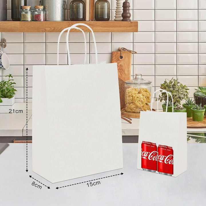 Gucass 50 Stück Klein Papiertüten mit Henkel, Weiss Kraft Papiertaschen Geschenktüten, 15x8x21cm Pap