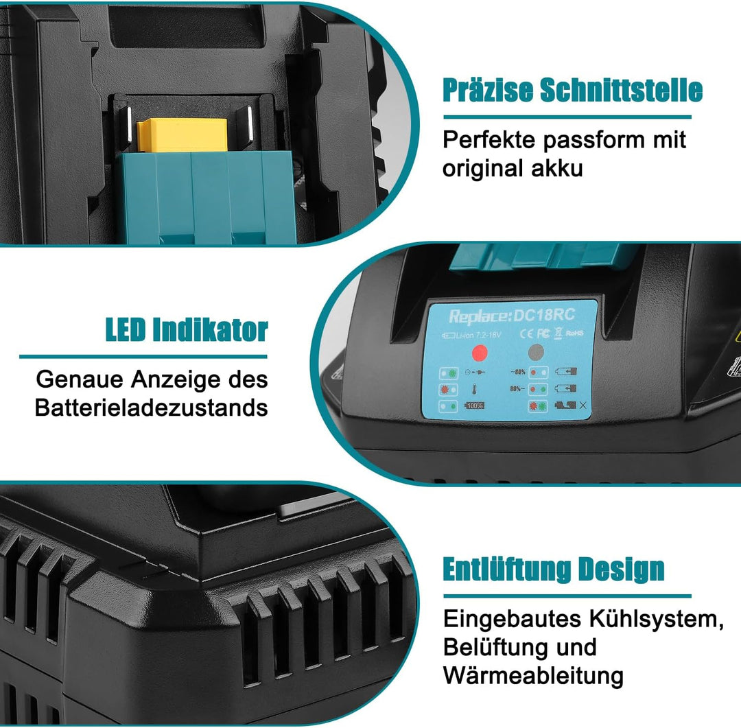 Schnellladegerät DC18RC Ersatz für Makita 14,4V/18V Ladegerät