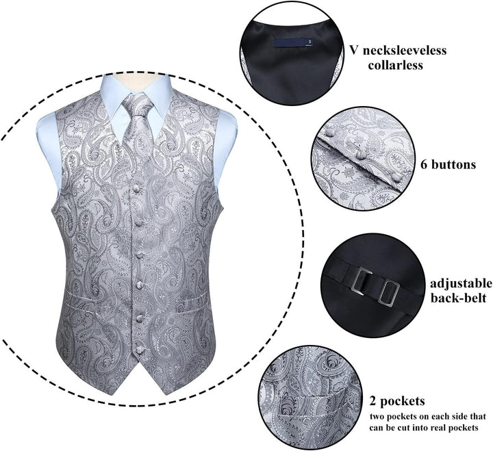 Enlision Herren Paisley Floral Jacquard Weste & Krawatte und Pocket Square Weste Anzug Set L Grau, L