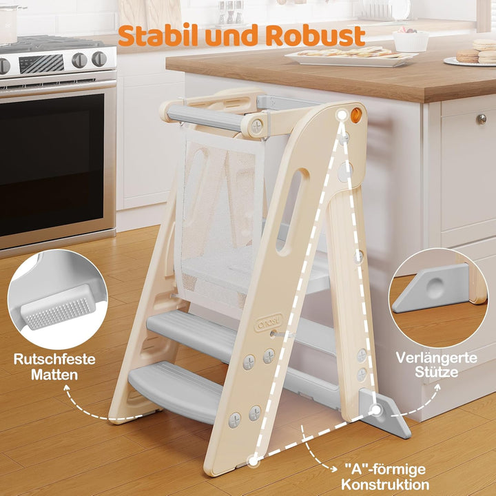 Lernturm für Kinder mit Sicherheitsgeländer, Lernturm Klappbar, Höhenverstellbar, Learning Tower mit