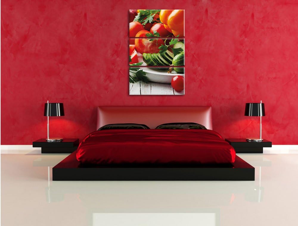 Pixxprint Obst Gurke Gemüse Salat Essen Tomate 3-Teiler Leinwandbild 120x80 Bild auf Leinwand