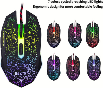 BAKTH Gaming Tastatur und Maus Set, LED Hintergrundbeleuchtung QWERTZ DE Layout, Regenbogen Farben B