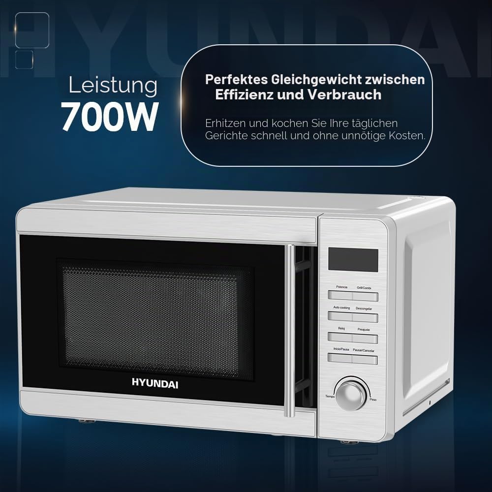 Hyundai Mikrowelle mit Grill, Edelstahl, 20 l, 700 W, Grill 800 W, 8 Programme, Auftaufunktion, Inne