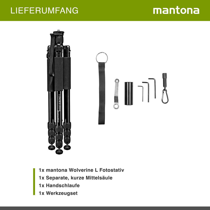 Mantona Wolverine L 284 Kamerastativ Aluminium, Fotostativ bis 15 kg, höhenverstellbar bis 166 cm, S