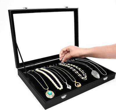 Kurtzy Jewelry Organizer Schmuckkasten Schwarz, Samt Box Glas Deckel Verschliessbar & 20 Haken (2Stk
