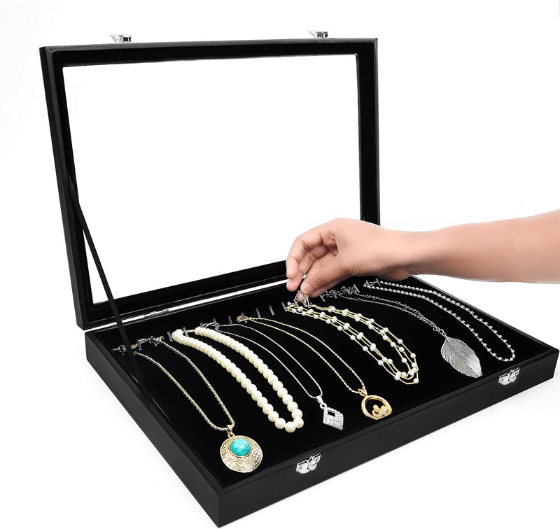 Kurtzy Jewelry Organizer Schmuckkasten Schwarz, Samt Box Glas Deckel Verschliessbar & 20 Haken (2Stk