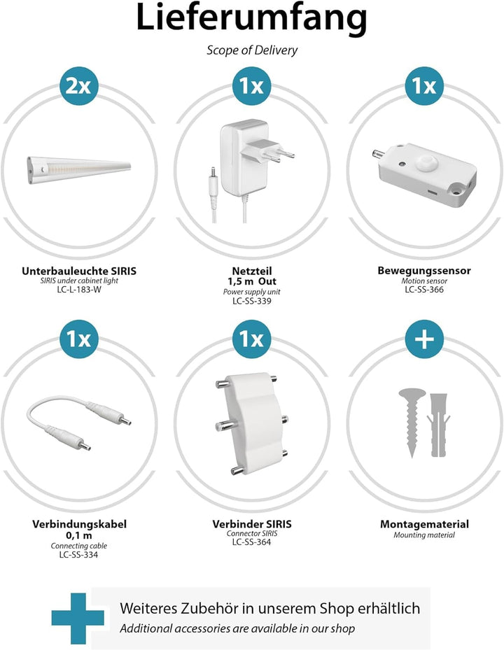 ledscom.de LED Unterbau-Leuchte SIRIS weiss matt mit Bewegungsmelder, flach, je 50cm, je 655lm, weis