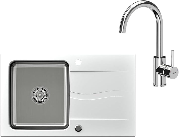 VBChome Spülbecken mit Armatur 78x48 Weiss Granit Edehlstahlbecken Küchenspüle Siphon reversibel Ver