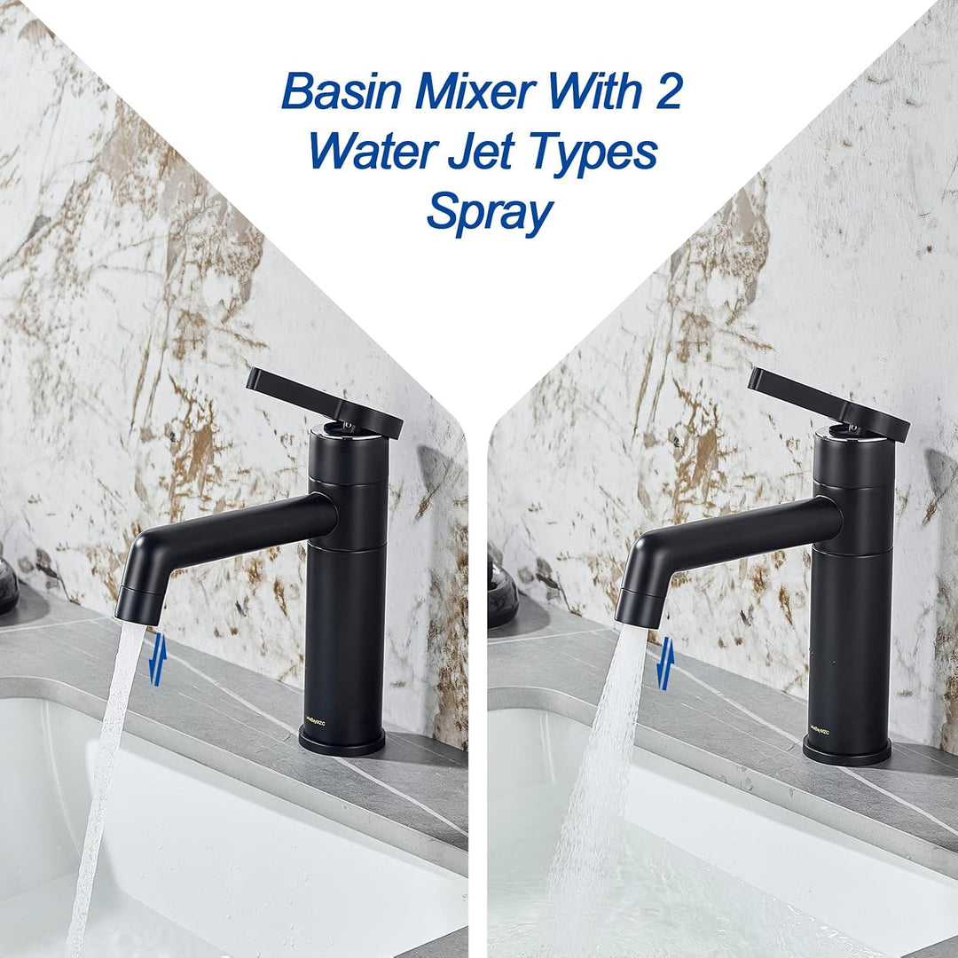 Waschtischarmatur Messing Wasserhahn Bad mit 2 Wassermodi, Schwarz, Schwarz