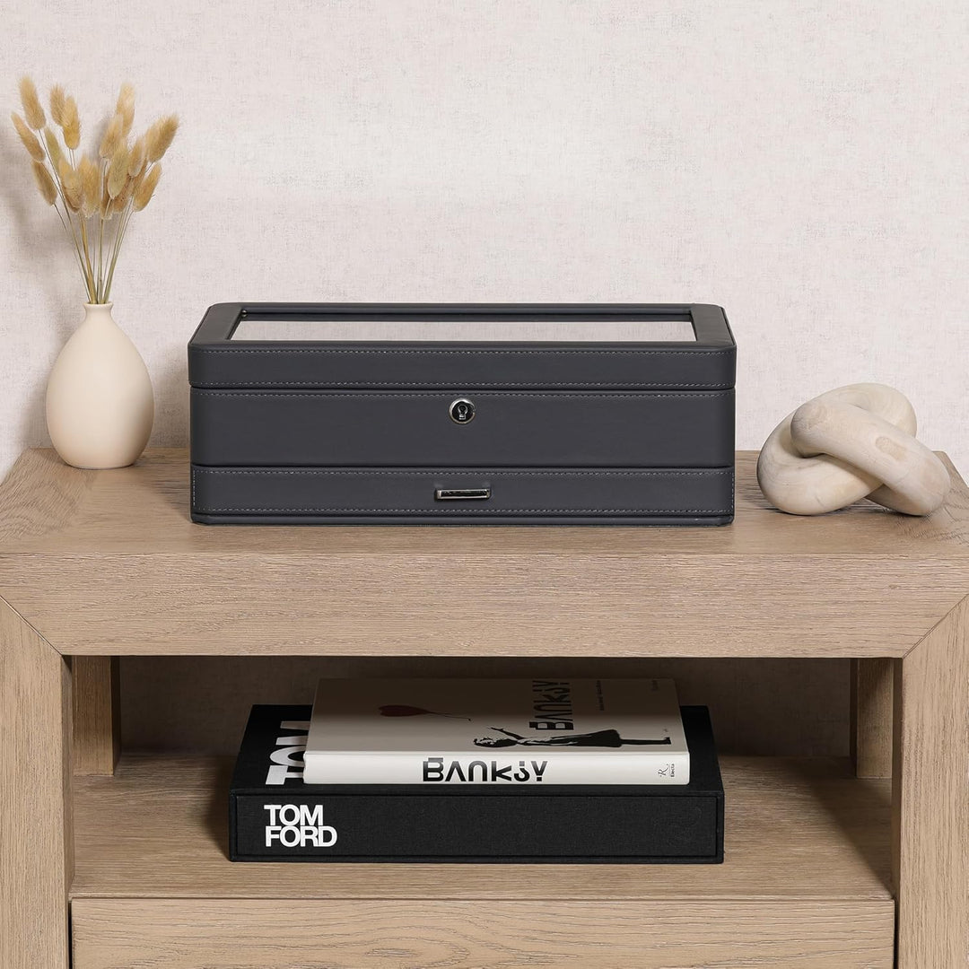 ROTHWELL Luxus Uhrenbox für 12 Uhren - PU Leder Uhrenbox mit Echtglasdeckel - Ausziehbare Zubehörsch