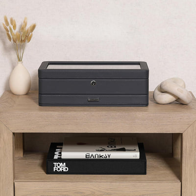 ROTHWELL Luxus Uhrenbox für 12 Uhren - PU Leder Uhrenbox mit Echtglasdeckel - Ausziehbare Zubehörsch