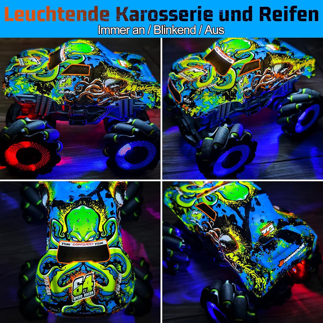Monstertruck Ferngesteuert mit Licht Reifen, Musik und 360°Drehung (Blau) | 1/20 Ferngesteuerter Mon
