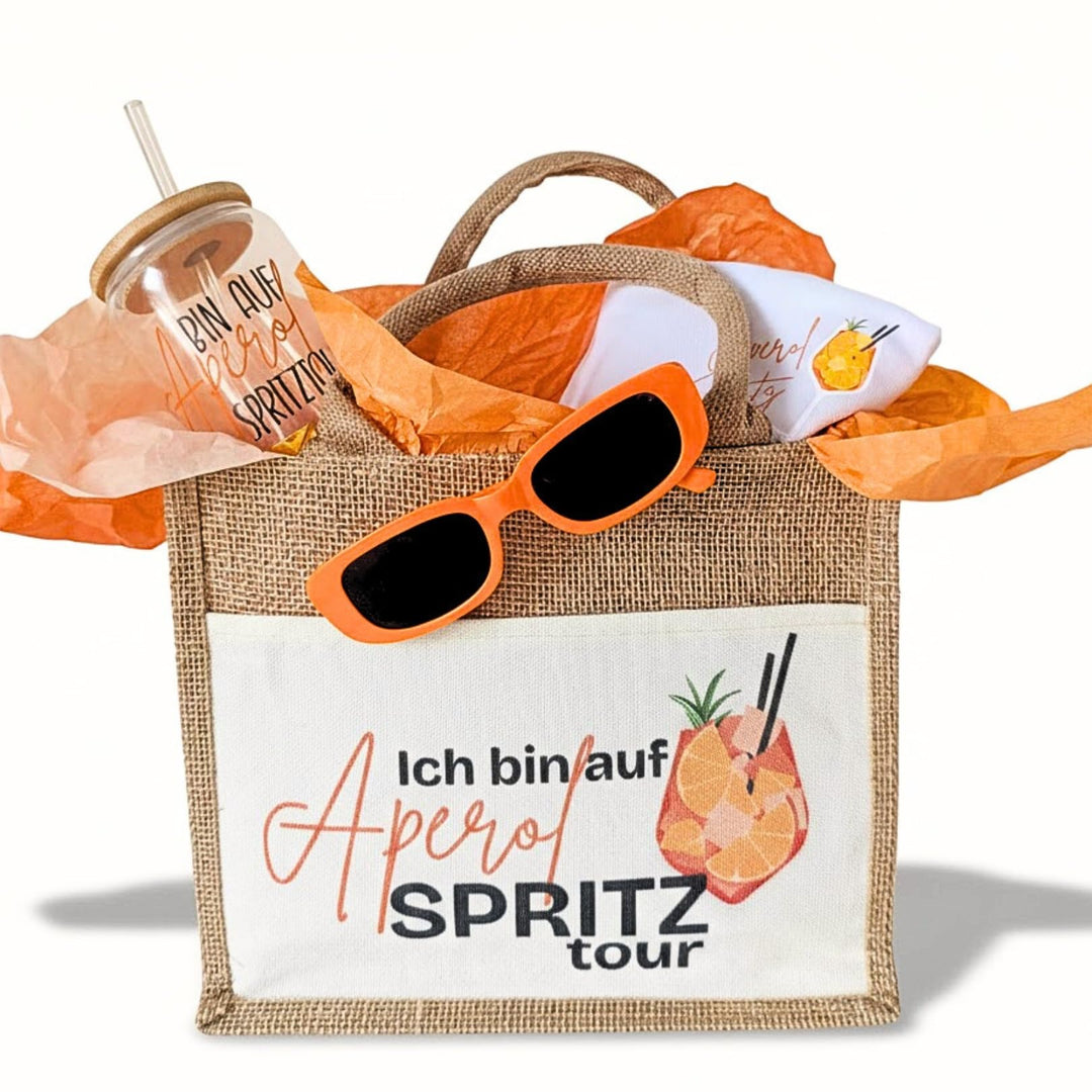Aperol Spritz Geschenkset | Jutetasche mit Aperol T-Shirt Damen, Trinkglas mit Strohhalm | Sommer Ge