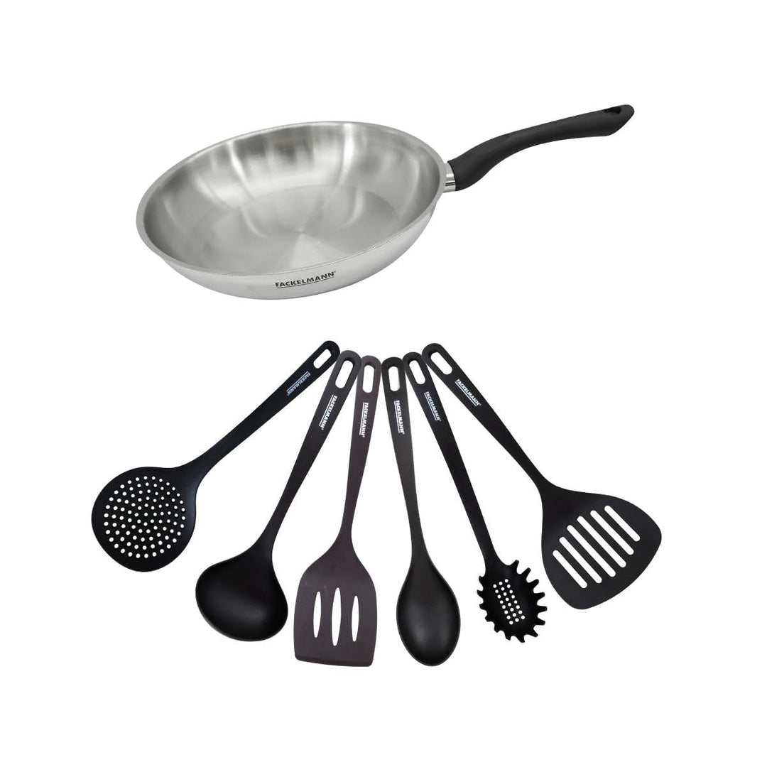 Fackelmann 9441050 Pfannenset 28 cm aus Edelstahl 18/8 und 6 RPET Utensilien, Bratpfanne, Bratpfanne