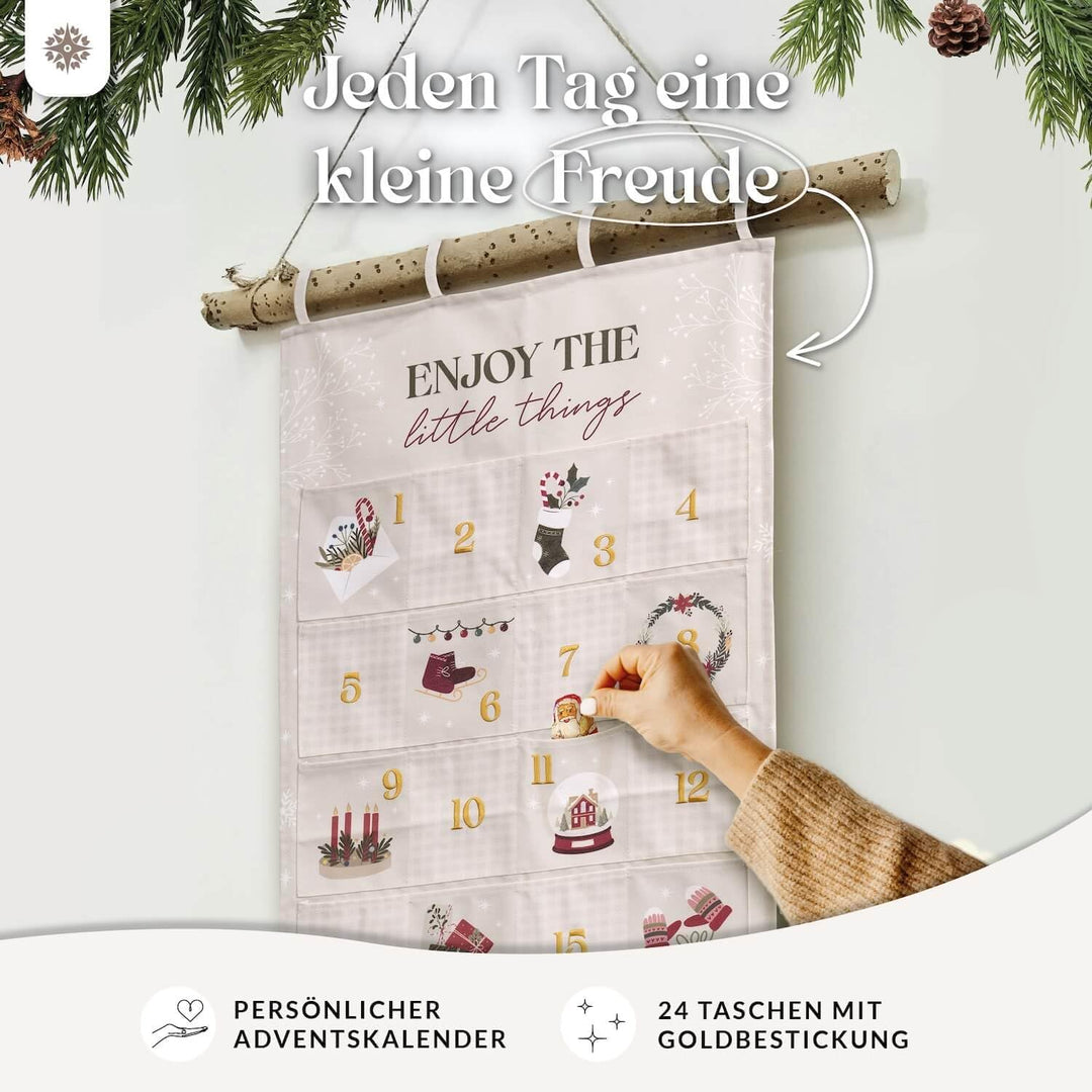 Lebenskompass® Adventskalender zum Befüllen aus Stoff - Wandteppich mit 24 grosse Taschen - Stilvoll