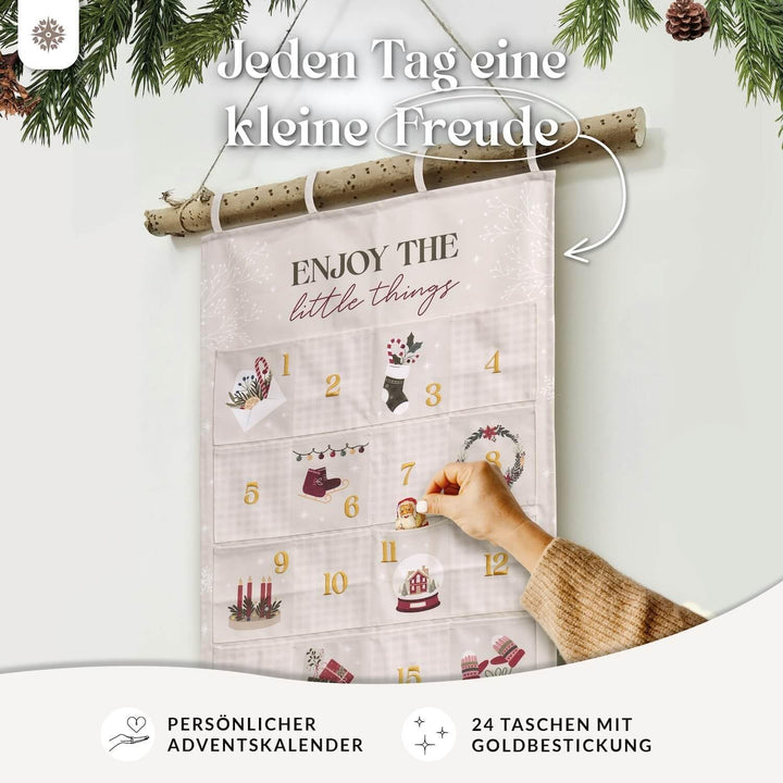 Lebenskompass® Adventskalender zum Befüllen aus Stoff - Wandteppich mit 24 grosse Taschen - Stilvoll