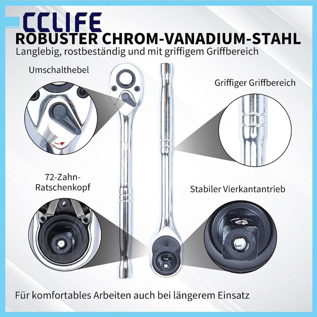CCLIFE Ratschen set, 3-tlg, 1/4" 3/8" 1/2" 72-Zahn 140/200/245 mm Antrieb Ratschen-Satz, 3-tlg., Rat