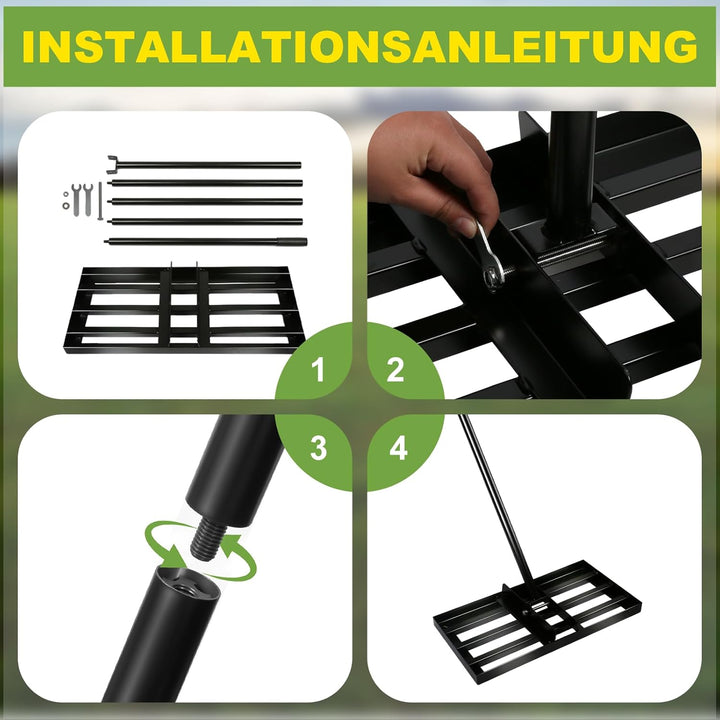 Rasenrechen 45x25cm mit 2m Verstellbarem Griff & Drehsteckersystem , Handlicher Arbeitssparendes Ras