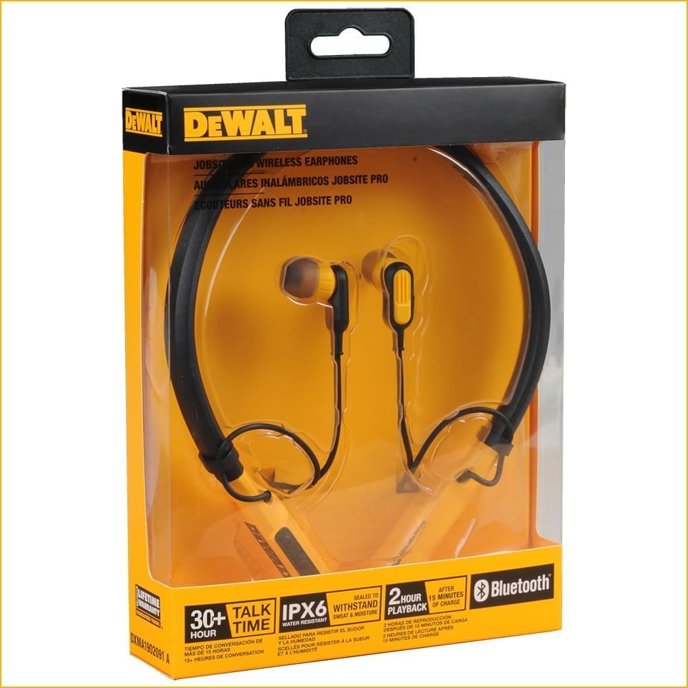 DEWALT Heavy-Duty Bluetooth Neckband Kopfhörer – Kabellose Nackenbügel-Earbuds mit 30Std. Laufzeit,