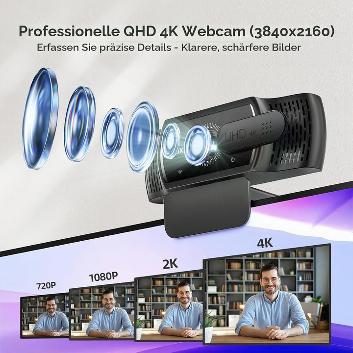 Nulaxy QHD 4K Webcam mit automatischer Lichtkorrektur, zwei geräuschunterdrückenden Mikrofonen, 1,5