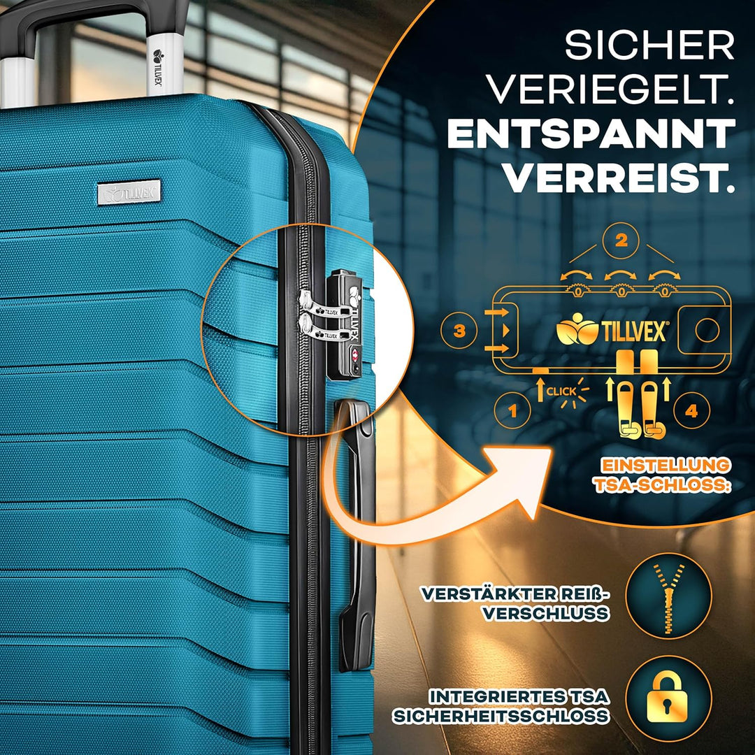 tillvex® Reisekoffer Set 4-teilig + Gepäckwaage, 8X Koffergurte & 4X Kofferanhänger | Kofferset 4 Ro