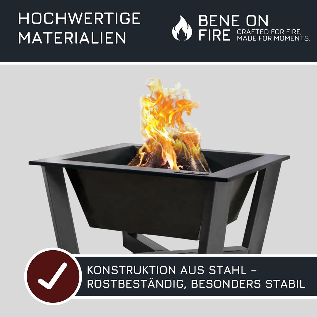 BENE ON FIRE Feuerschale 70x70 cm quadratisch Nevada | Feuerkorb aus robustem Stahl | Grosse Feuerst