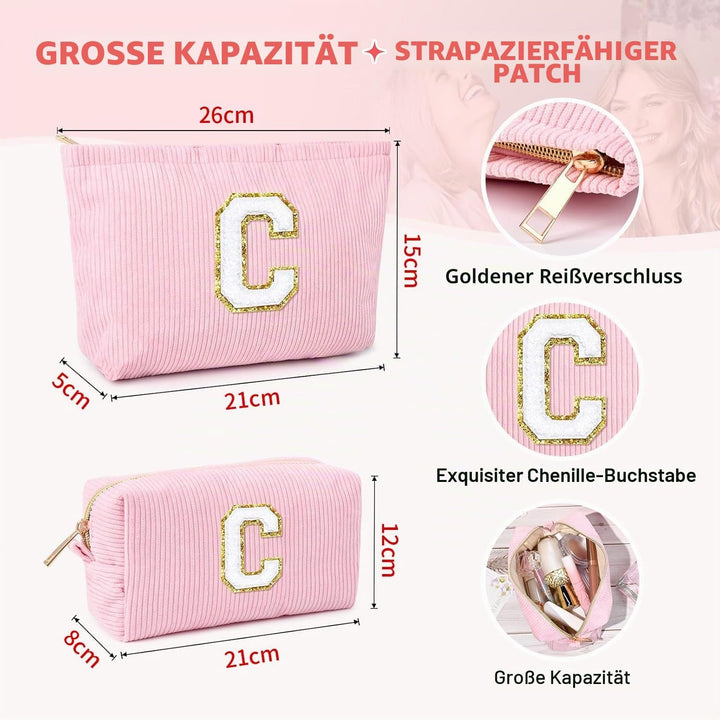2 Stück Initialen Make-up-Tasche, Cord-Kosmetiktasche Organizer, Reise Kulturbeutel, Schminktasche D